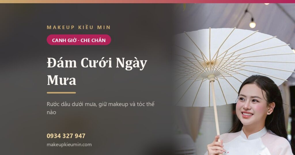 Cô dâu che dù trắng chuẩn bị rước dâu ngày mưa ở Sài Gòn