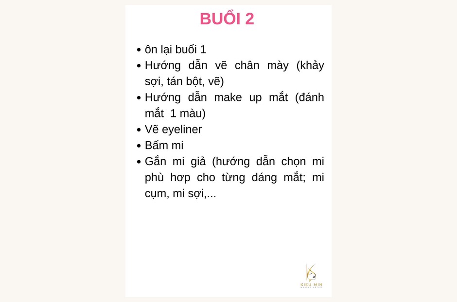 Tờ giáo trình buổi hai liệt kê các phần học, trong đó có gắn mi giả